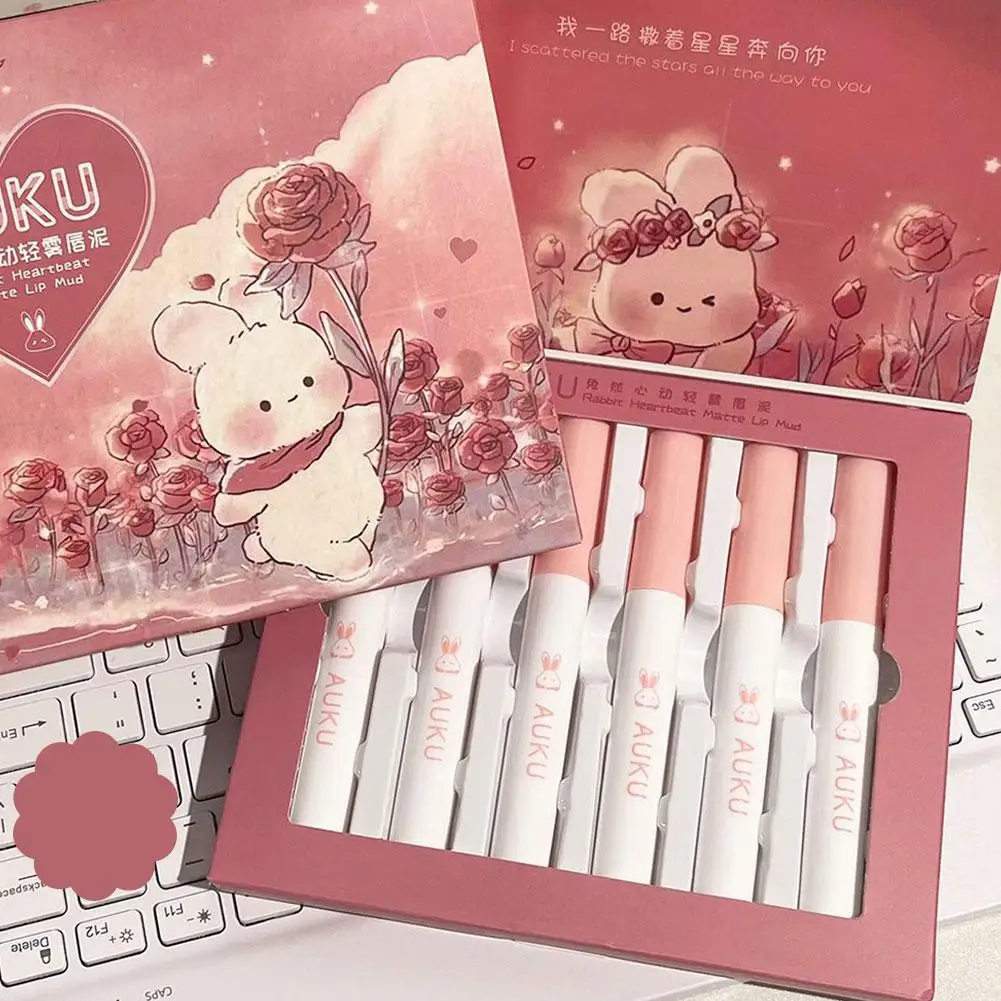 6-teiliges Kawaii-Lippenstift-Set, kostenloser Versand, koreanisches Make-up, Schönheitskosmetik, mattierter Lippenschlamm, wasserdicht, langlebiges Make-up für Frauen