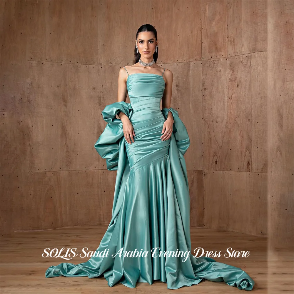 

SOLIS Teal Party Dresses Spaghetti Strap Evening Dresses Ruched فساتين السهرة Mermaid Detachable Sleeves Customized