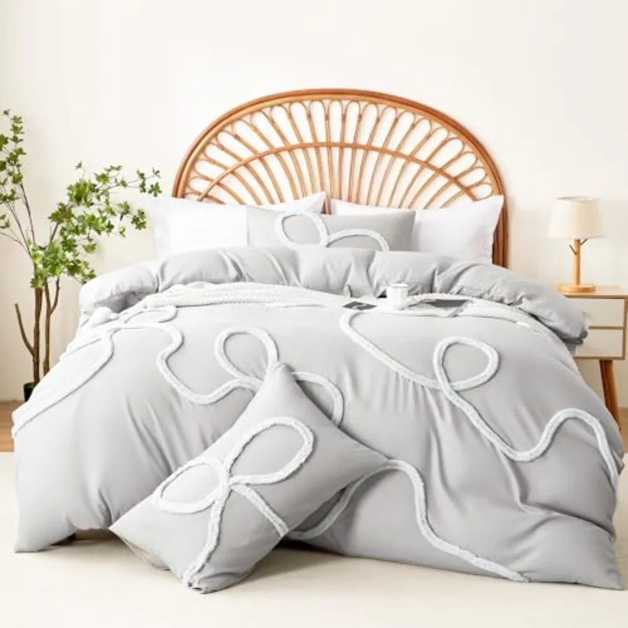 

Duvet Cover Size3 Pieces Gray Bow Duvet Cover Set Ultra Soft Chic Textured Breathable Comforter Cover for All Season Boho Beddi
