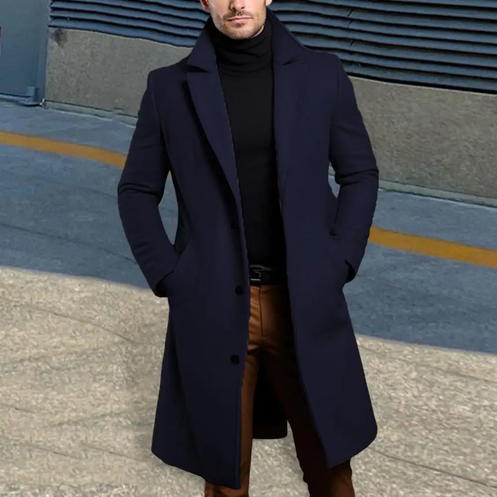 Men Woolen Coat Stylish Men's Woolen Coat With Lapel Pockets For Autumn Winter Mid-length Windbreaker Outwear For Formal