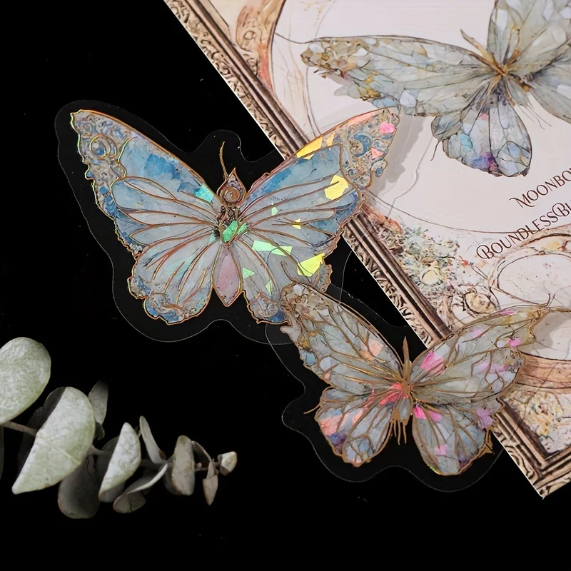 20pcs Crystal Laser Butterfly Waterproof PET Stickers for Scrapbooking DIY Decorative Collage Journaling Craft