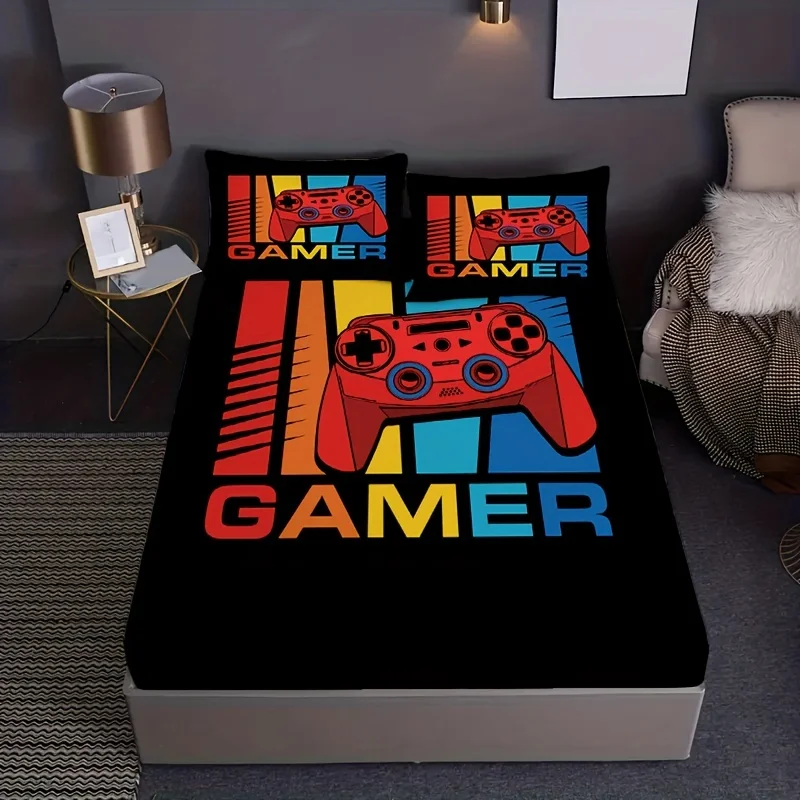 

Games Print Fitted Sheet Set Soft Comfortable Gamepad Bedding Set For Bedroom Guest Room (1* Fitted Sheet+2*Pillowcases)