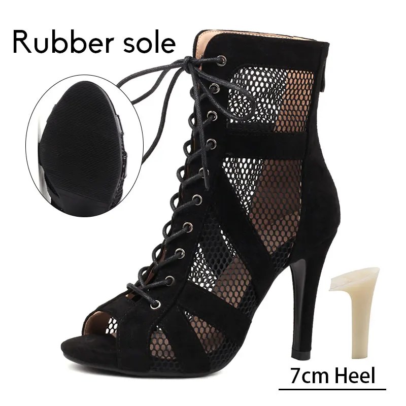 Women Latin Dance Shoes Black Boots High-Top High Heels Salsa Sandals Mesh Tango Boots Ladies Woman Party Ballroom Dance Shoes