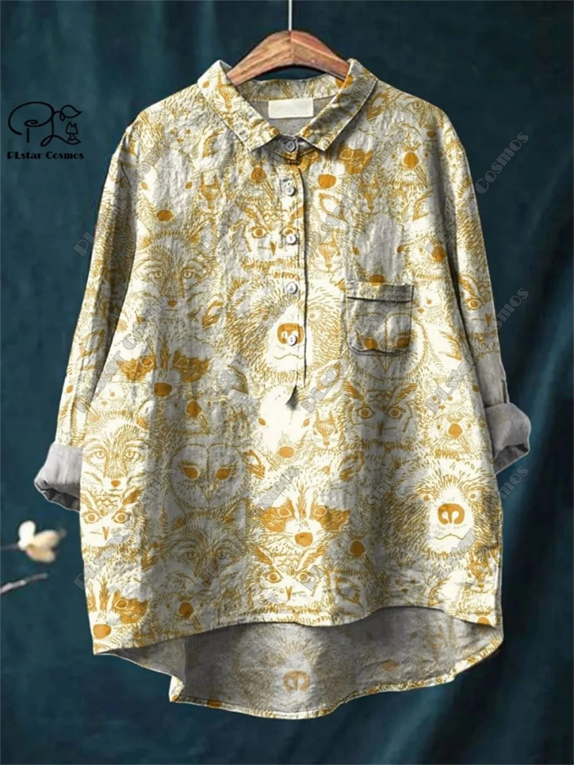 PLstar Cosmos new 3D printed women's loose retro floral fun casual printed open tube shirt  K-7