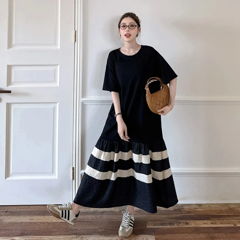 New 2026 Summer Women's Clothing Plus Size Loose Patchwork Black Dresses Short Sleeve Female Robe T-Shirt Dress Vestidos KE5011