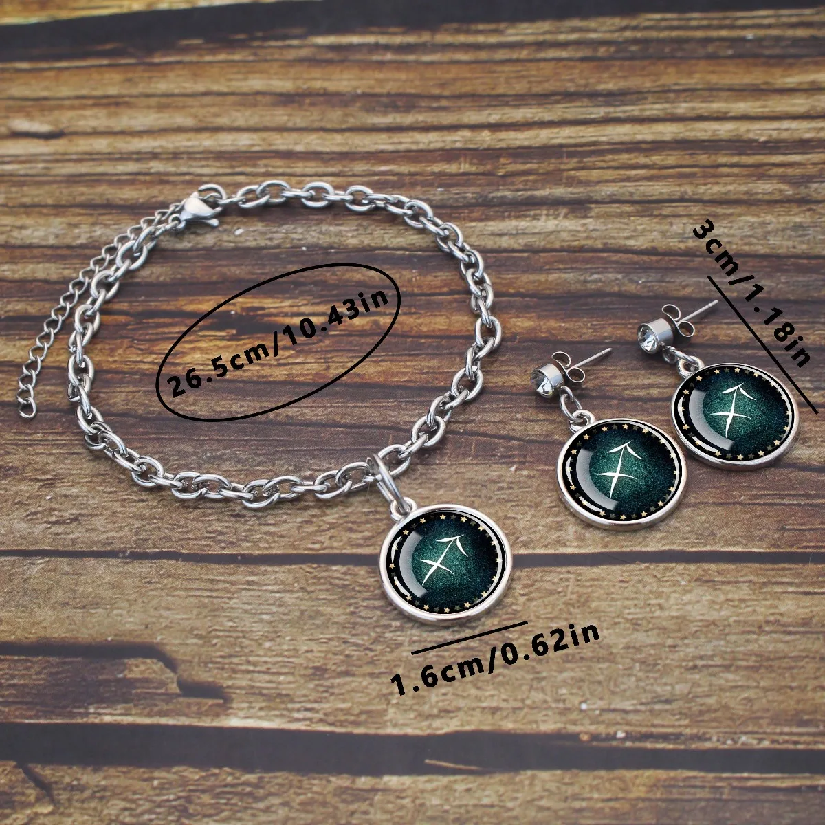 1set Dark Green 12 Constellation Symbol Single Sided Glass Pendant Bracelet Rhinestone Earring Set Exquisite Jewelry Set