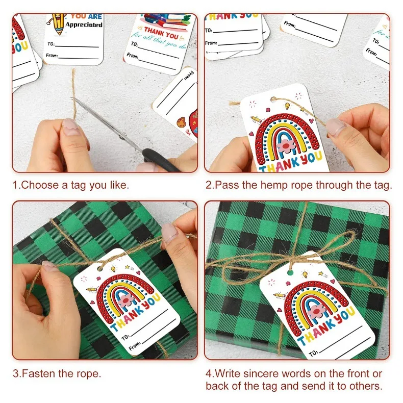 50 قطعة من علامات تقدير المعلم بحبل، ملصقات هدايا لديكور حفلات المدرسة، ديكورات معلقة لبطاقة شكر