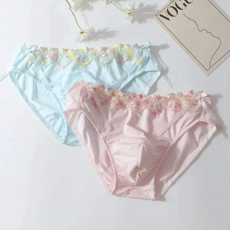 Men Briefs Milk Silk Sexy Soft Briefs Boy Lace Bow Panties Pure Color Comfortable Breathable Gay Intimates Male Underpants