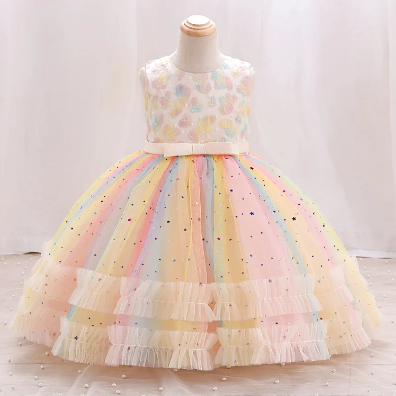 New Girl Embroidered Star Sequin Rainbow Mesh Sleeveless Dress Christmas Birthday Party Evening Dress for 1-10 Years Girl