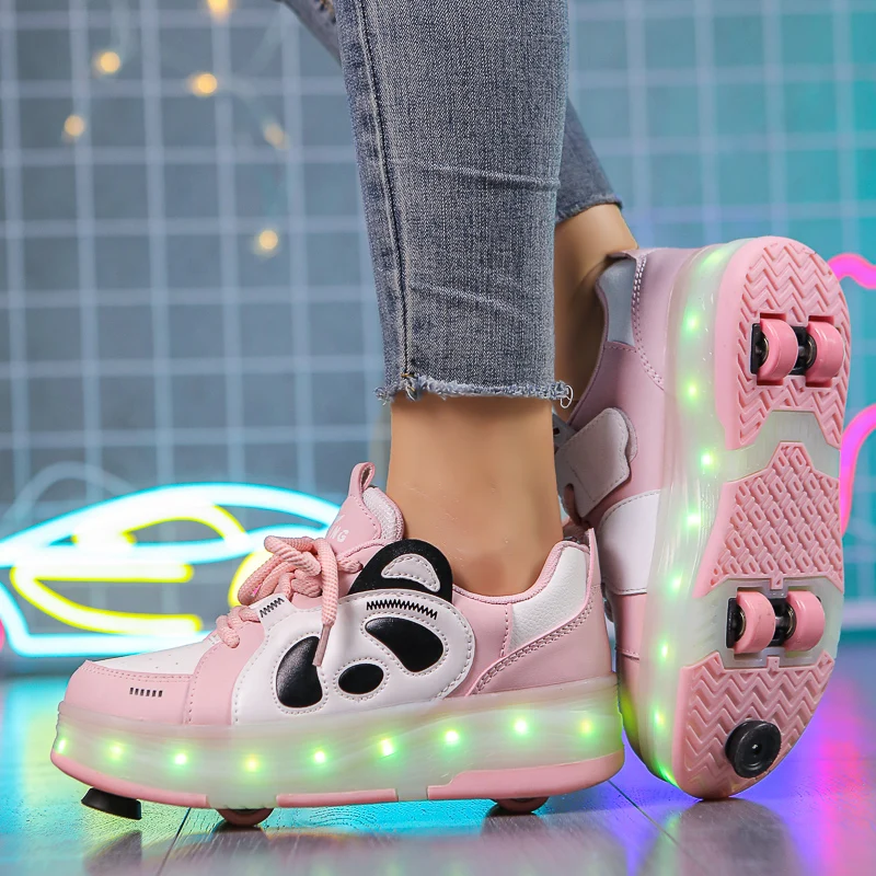 Children's Panda 4Weels Roller Skating Shoes for Boys Girls Shoes with LED Lights Breathable USB Charging Skate Shoes for Kids