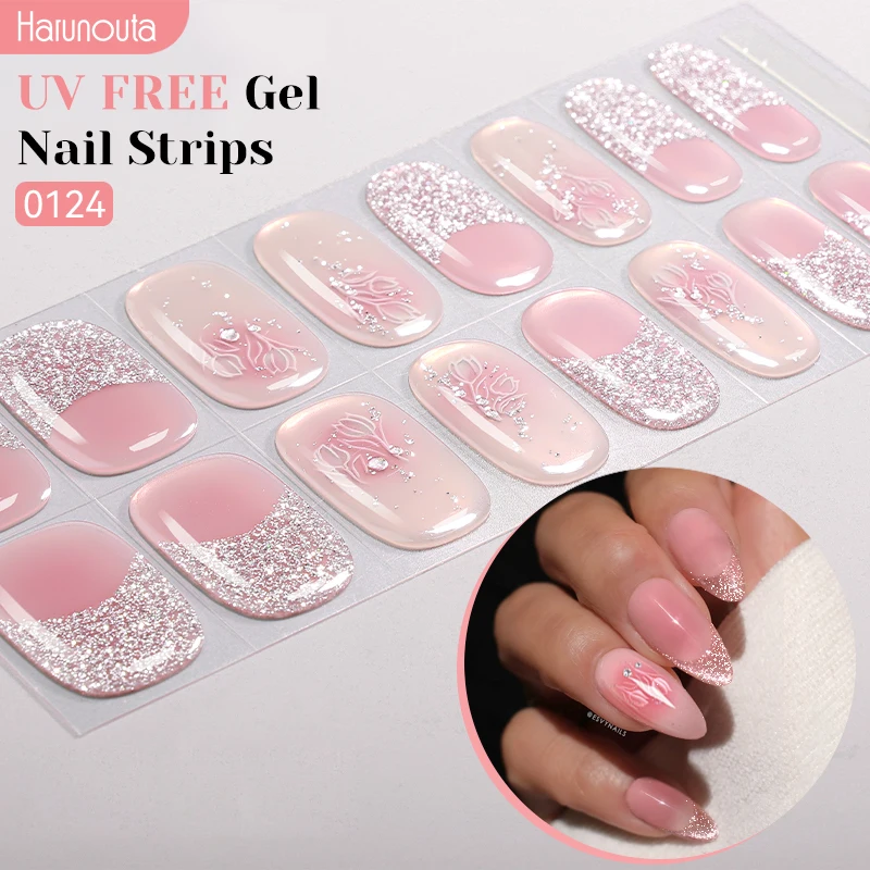 UV Free Nail Gel Strips Glitter Jelly Pink Gel Polish Nail Sticker Curing-free Adhesive Stickers for Nails Long Lasting Wrap