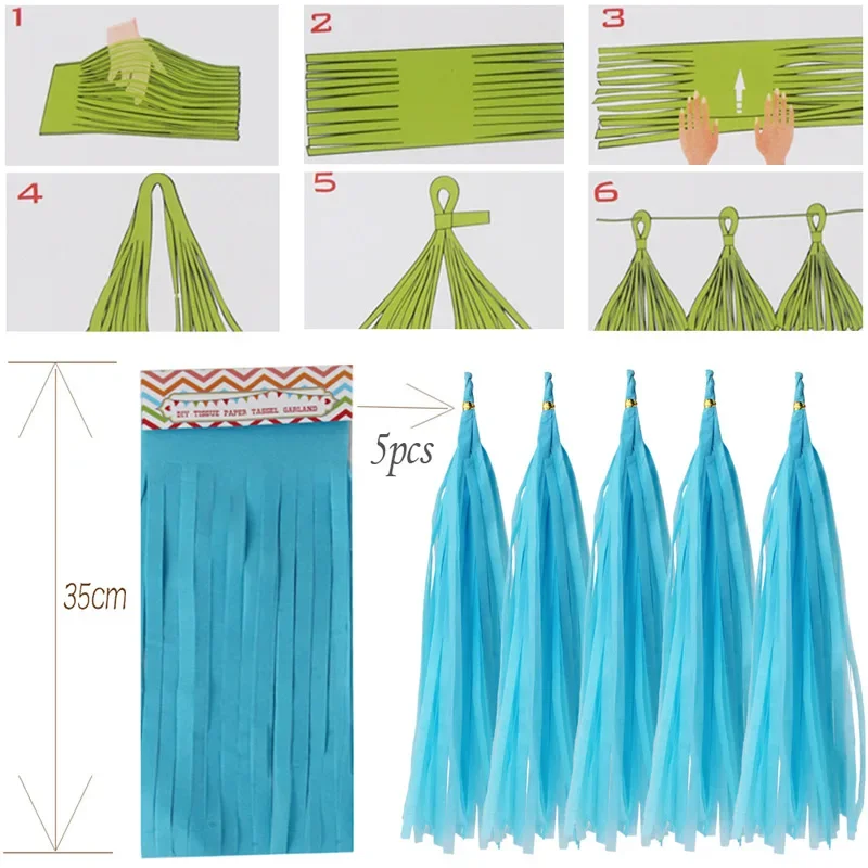 5pcs 12*35cm Colorful Tissue Paper Tassel Garland for Wedding Birthday Party Decorations DIY Baby Shower Event Party Supplies
