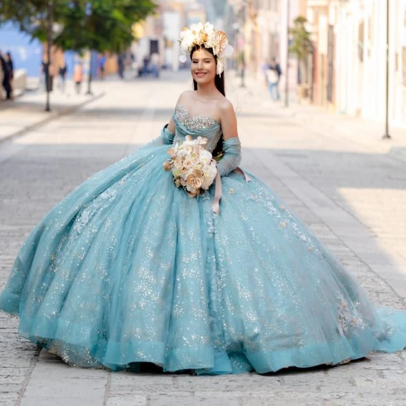 

Luxury Water Blue Shiny Quinceanera Dress Party Gown Princess Off The Shoulder Lace Appliques Beads For 16 Years vestido de char