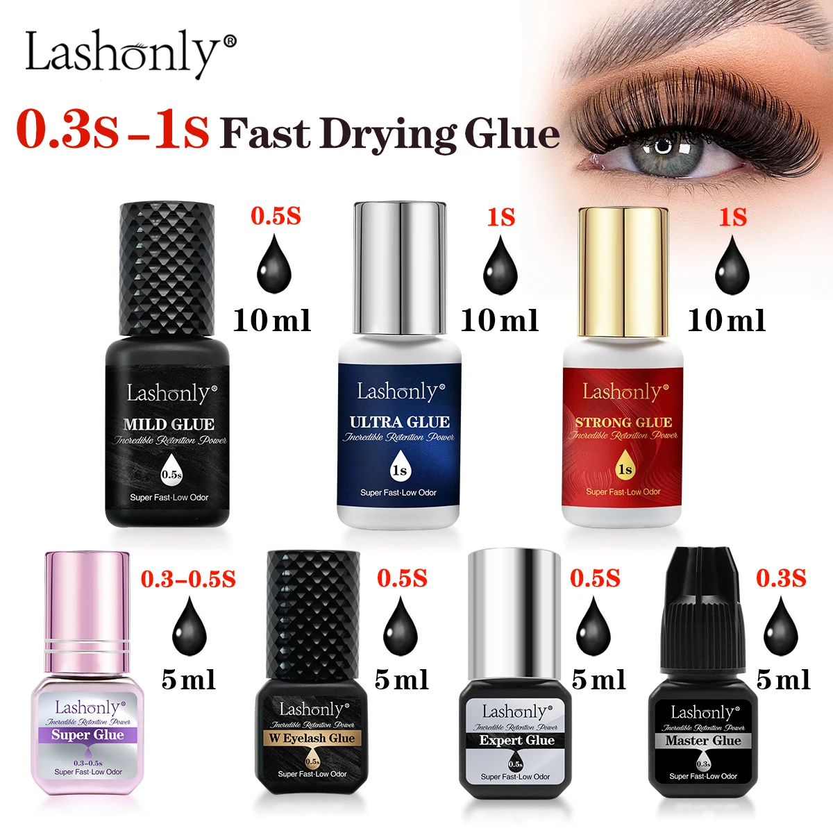 

Lashonly 10ml Eyelash Glue 0.3s-1s Fast Drying Professional Hypoallergenic Lash Bonder Waterproof Strong Lash Extension Tool