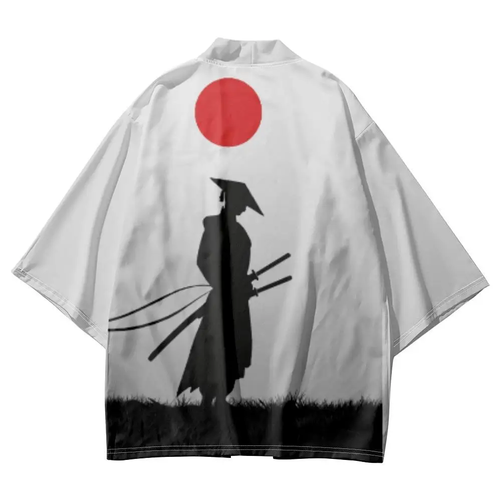 

Summer Women Men Beach Cardigan Robe Haori Japanese Cartoon Samurai Printed Loose Kimono Streetwear Top Yukata