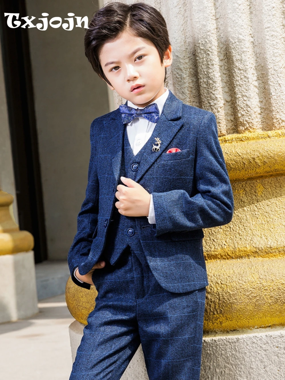 

Autumn Boys Plaid Suit Set 4 Pieces Piano Contest Performance Formal Notched Lapel Kids Tuxedo Host Costumes School Choir Wear