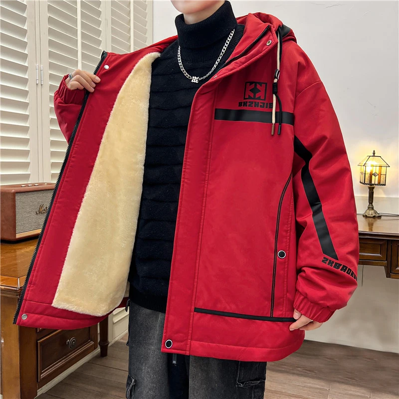 

Модные теплые куртки с капюшоном и флисовой подкладкой, мужские куртки с капюшоном, осень-зима 2025, утепленное плюшевое пальто, верхняя одежда, свободная ветрозащитная верхняя одежда с подкладкой