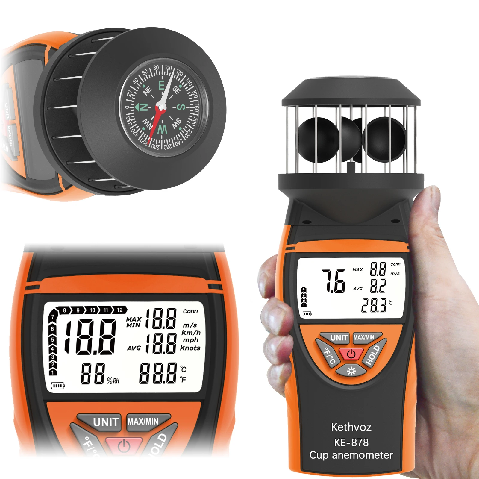 

Wind Cup Anemometer, Wind Speed Meter HP-878 Range 0.7-42m/s, High Accuracy Wind Gauge Measures MAX/MIN/AVG Wind Velocity & Temp