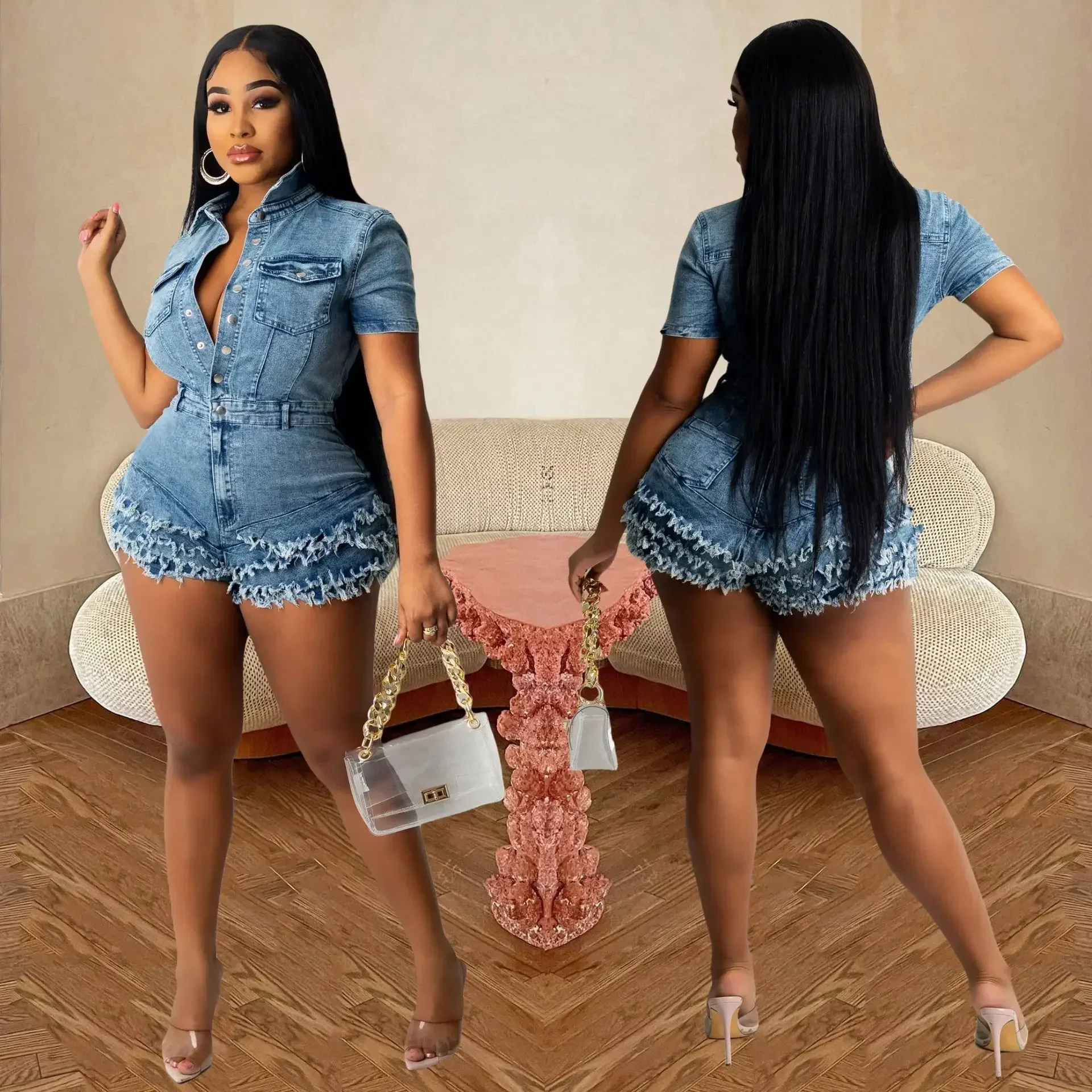 Women Shorts Jeans Tassel Overalls Turn Down Collar Rompers One Piece Single Breasted Jumpsuits Denim Washing Streetwear 2025