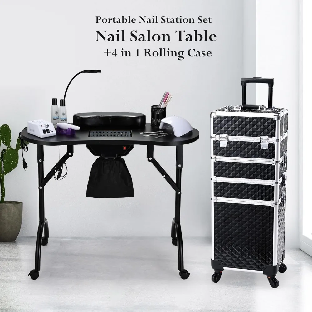 Foldable Nail Table Manicure Desk with Dust Collector + 4 in 1 Rolling Makeup Train Case for Mobile Stylist