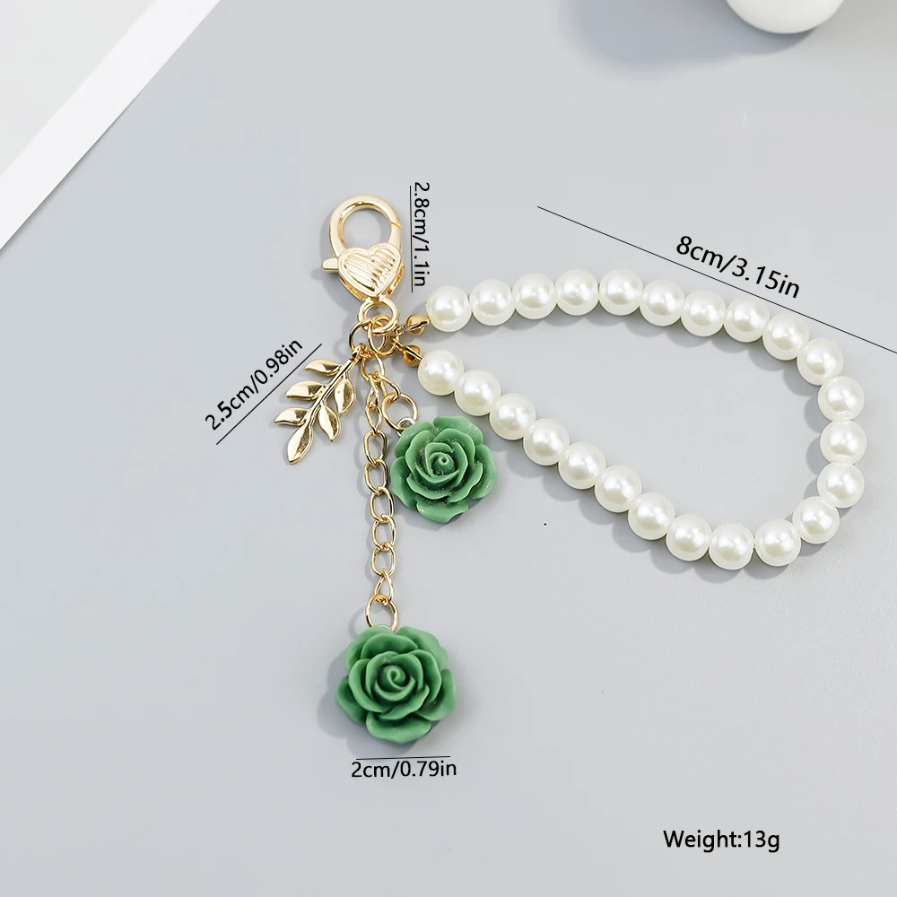 Fashion Rose Tassel Keychains Elegant Imitation Pearl Wristband Keyrings Women Handbag Phone Ornaments Accessories Jewelry Gifts