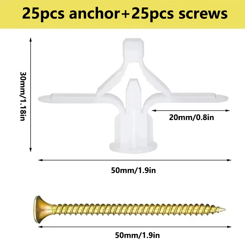 50Pcs Plasterboard Dowels with Fixings Screws Self-Drilling Expansion Screw Tube Drywall Anchor Fastener Kits Hardware Tools