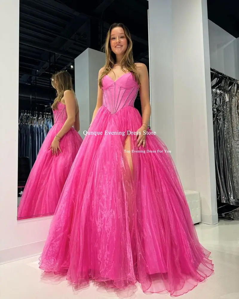 Qunque Tulle Fuchsia Customized Sweetheart Evening Dresses A-Line Celebrity Gowns Wedding Party Dress High Slit вечерние платья