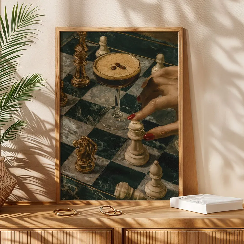 Vintage Oil Painting Style Chess And Coffee Canvas Wall Art,2D Print,Wall Decor For Living Room Dining Bar Study,Aesthetic Home