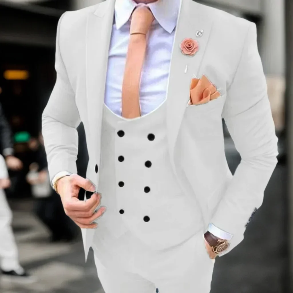 

Classic Formal 3 Piece Men's Suits Set with Peak Lapel Blazer Vest And Pants High Quality Groomsmen Wedding Business Tuxedo