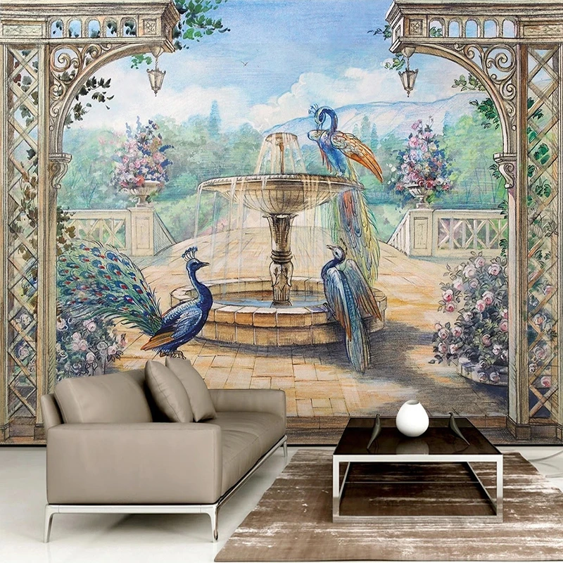 European Palace Peacock Fountain Garden Wallpaper Bedroom Living Room TV Background Wall Paper Home Decor Papel De Parede 3D