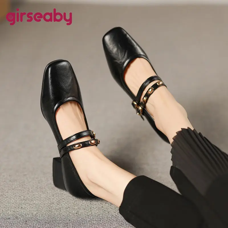 Girseaby Retro Women Pumps Square Toe Double Buckle Strap 3.5cm Chunky Heel Size 40 41 42 43 Office Lady Mary Janes Shoes Summer
