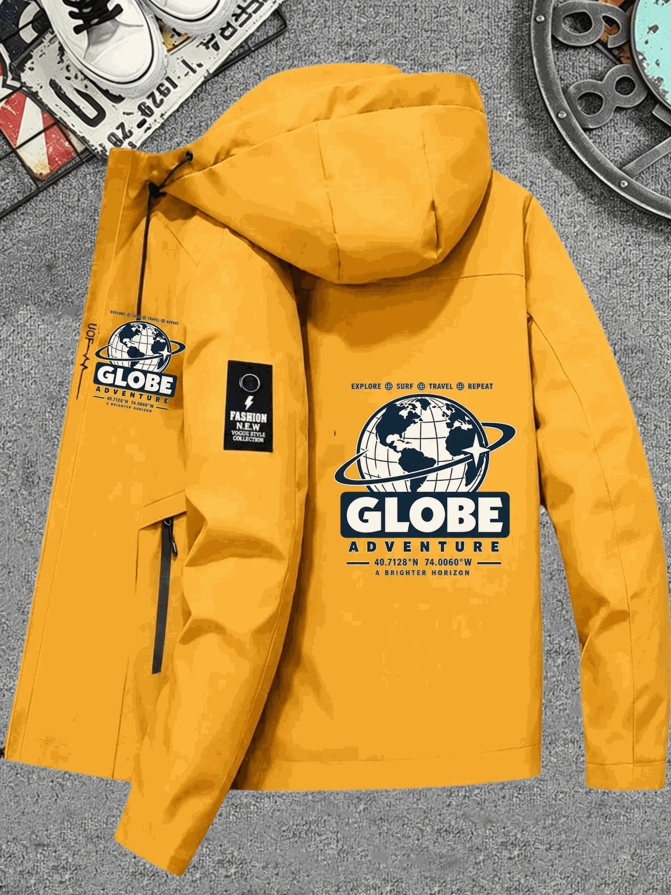 Men Hooded Jacket Globe Adventure Graphic Print Zip Up Windbreaker Casual Streetwear Autumn Coat