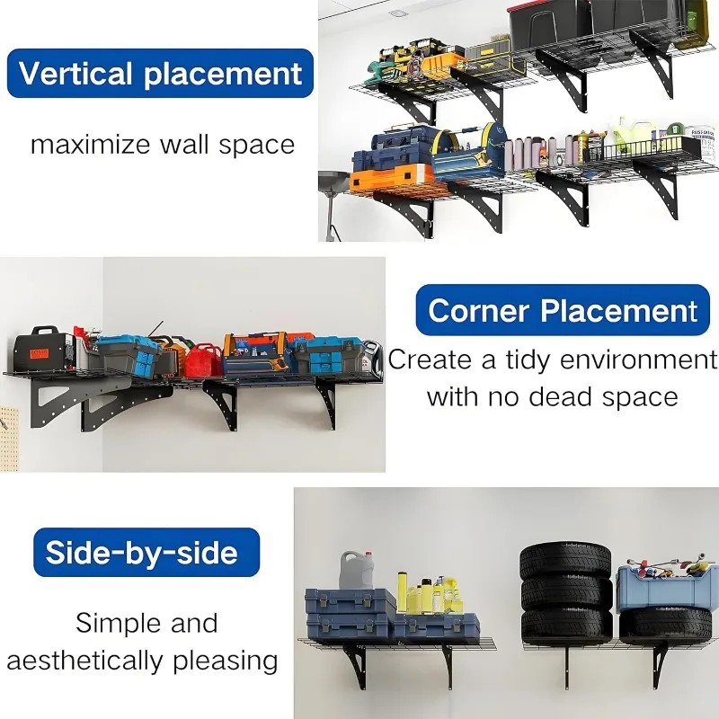 أرفف حائط للمرآب شديدة التحمل مكونة من 4 عبوات مقاس 36 بوصة × 24 بوصة (3 × 2 قدم) تخزين معدني مثبت على الحائط بسعة إجمالية 800 رطل، أسود #6