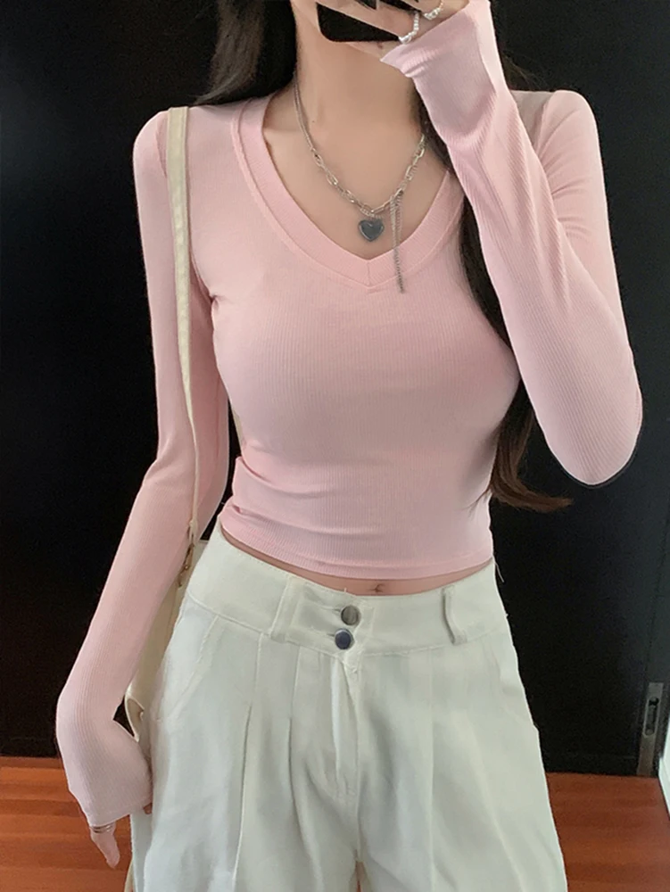 Women Basic T-Shirts Long Sleeve Casual Crop Tops 2025 Spring New V Neck Tshirt Woman Solid Top Slim Tees Y2k Clothing Camisetas