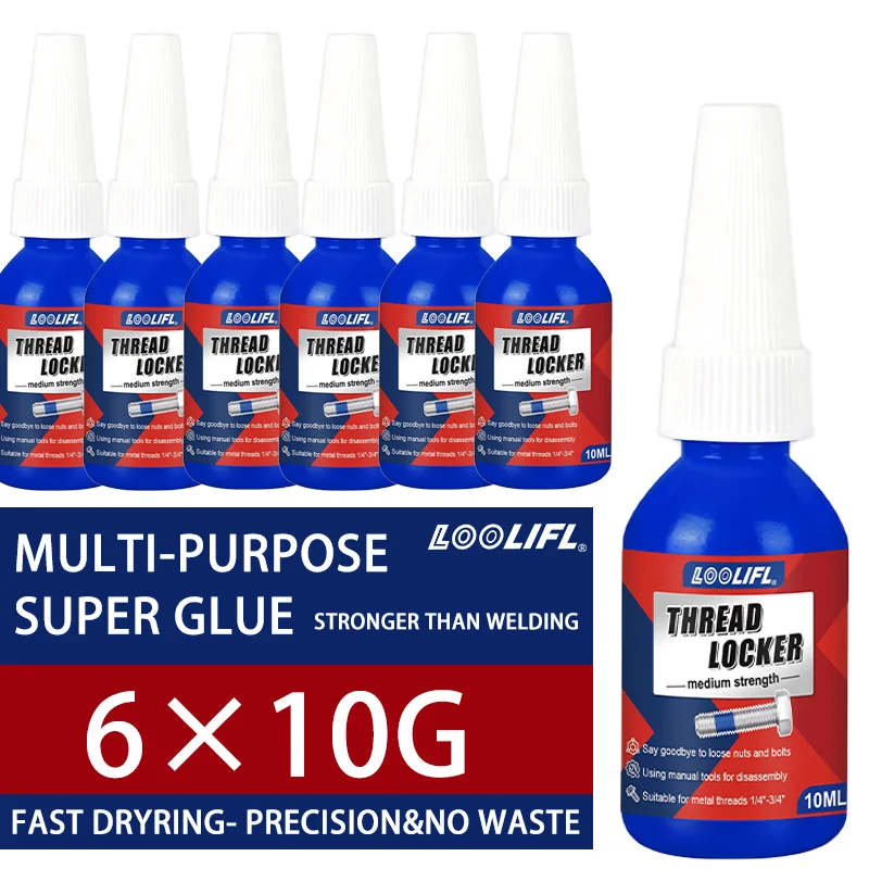 Loolifl 1‑6 Bottles Threadlocker 10ml Medium Strength Thread Sealant, Anti-Vibration, Anti-Loosening, Screw Fastening Adhesive for Metal Threads, Bolts, Nuts Repair
