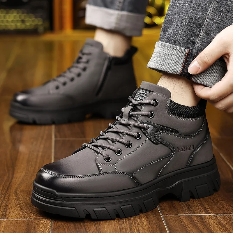 

2025 Winter Shoes Men Snow Boots Warm Plush for Cold Winter Mens Ankle Botas Thick Sole Non-slip Cotton Shoes Black Grey D729