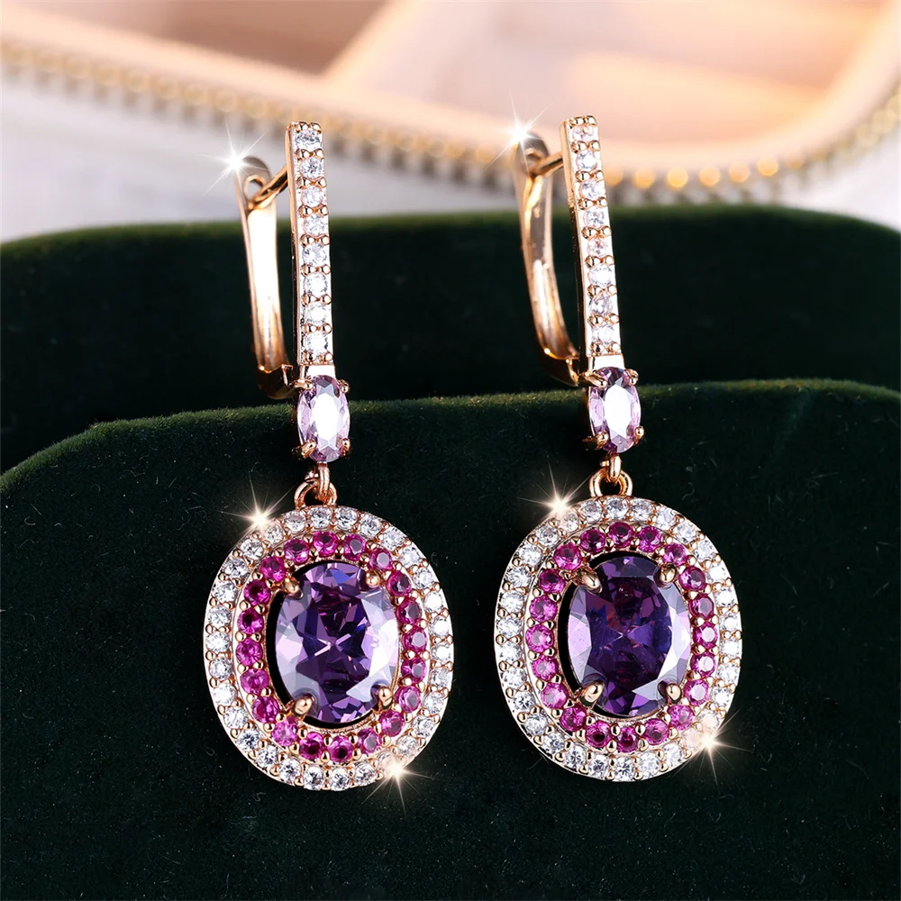 Purple Crystal Egg Shaped Stone Earring Rose Red Zircon Oval Hoop Earrings For Women Champagne Gold Color Wedding Bridal Jewelry
