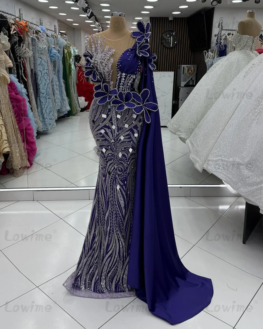Blaue lange Ballkleider nach Maß 2025, eine Schulter, Kristalle, Perlen, formelle Party, zweiter Empfang, Verlobungskleider, Robe De Soiree