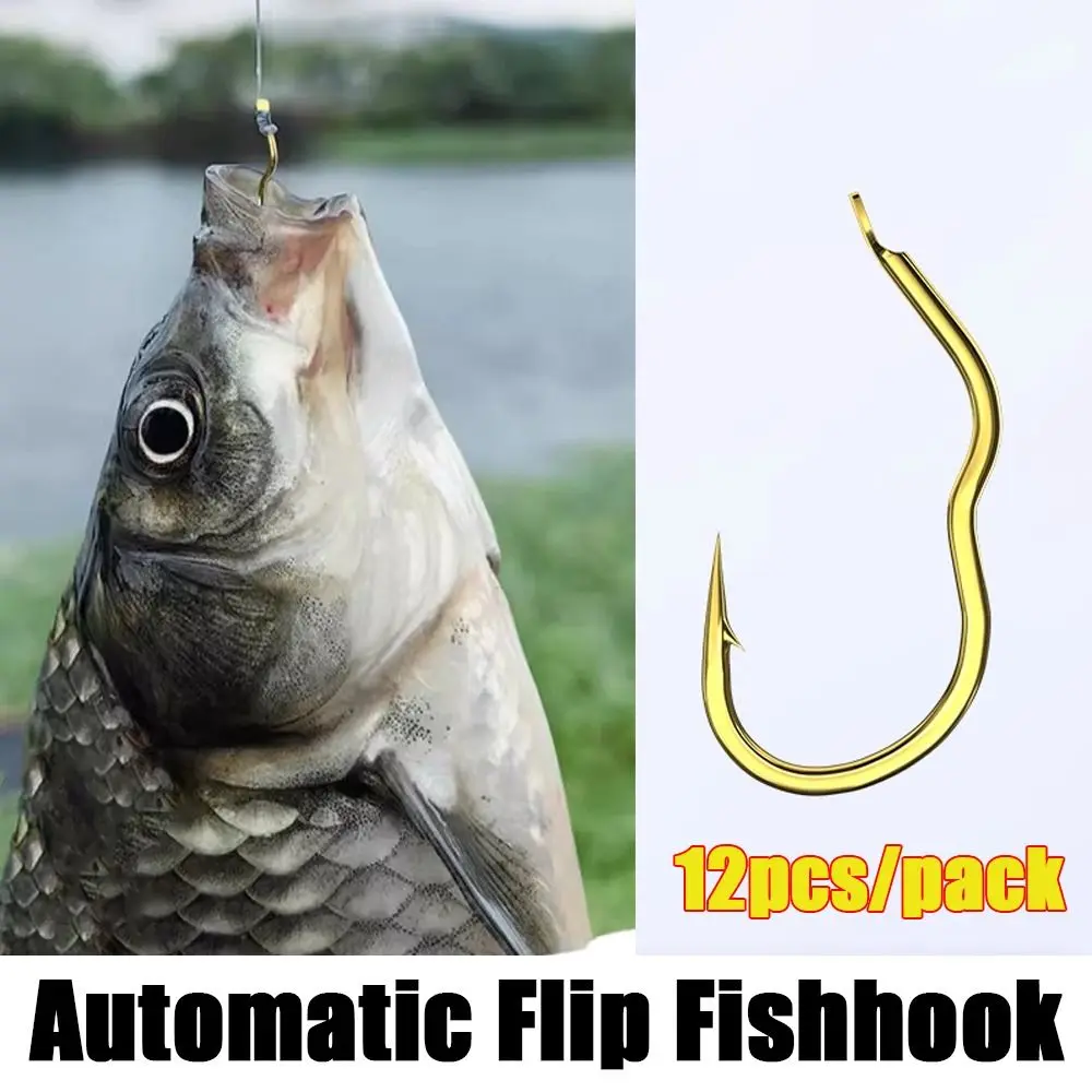 

12Pcs/Pack Creative High Carbon Steel Gold Fishing Hook Sharp Barbed Anti Slip Automatic Flip Fishhook Fishing Tackle