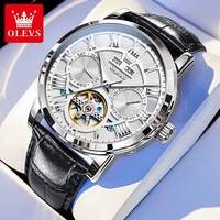 OLEVS 6668 Mens Watch Original Classic Automatic Mechanical Watch Waterproof Luminous Leather Strap Tourbillon Day-Date Watch