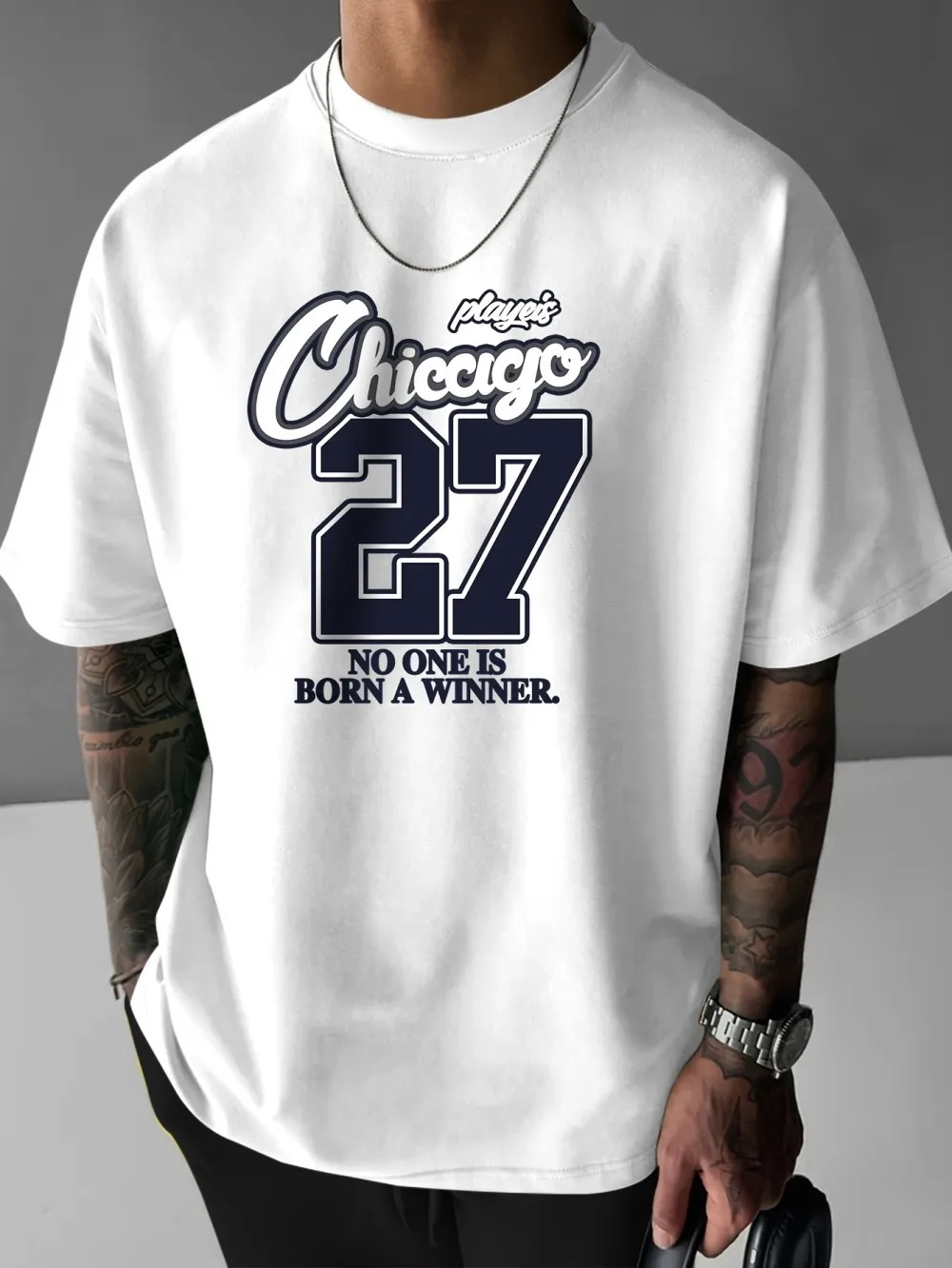 American style new men's summer Chicago 27 letter print micro elastic breathable round neck T-shirt outdoor street top