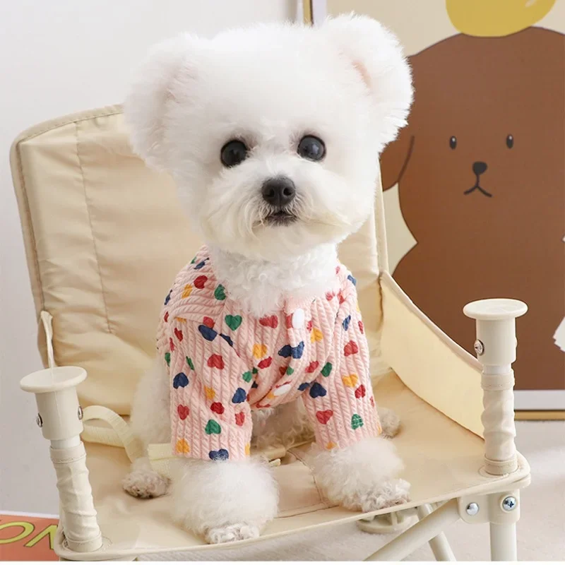 

Cute Sweet Love Striped Pet Dog Clothes Vest Snap Cardigan Sweater Teddy Bichon Fall Warm Winter Puppy Clothes Dog Jackets Coat