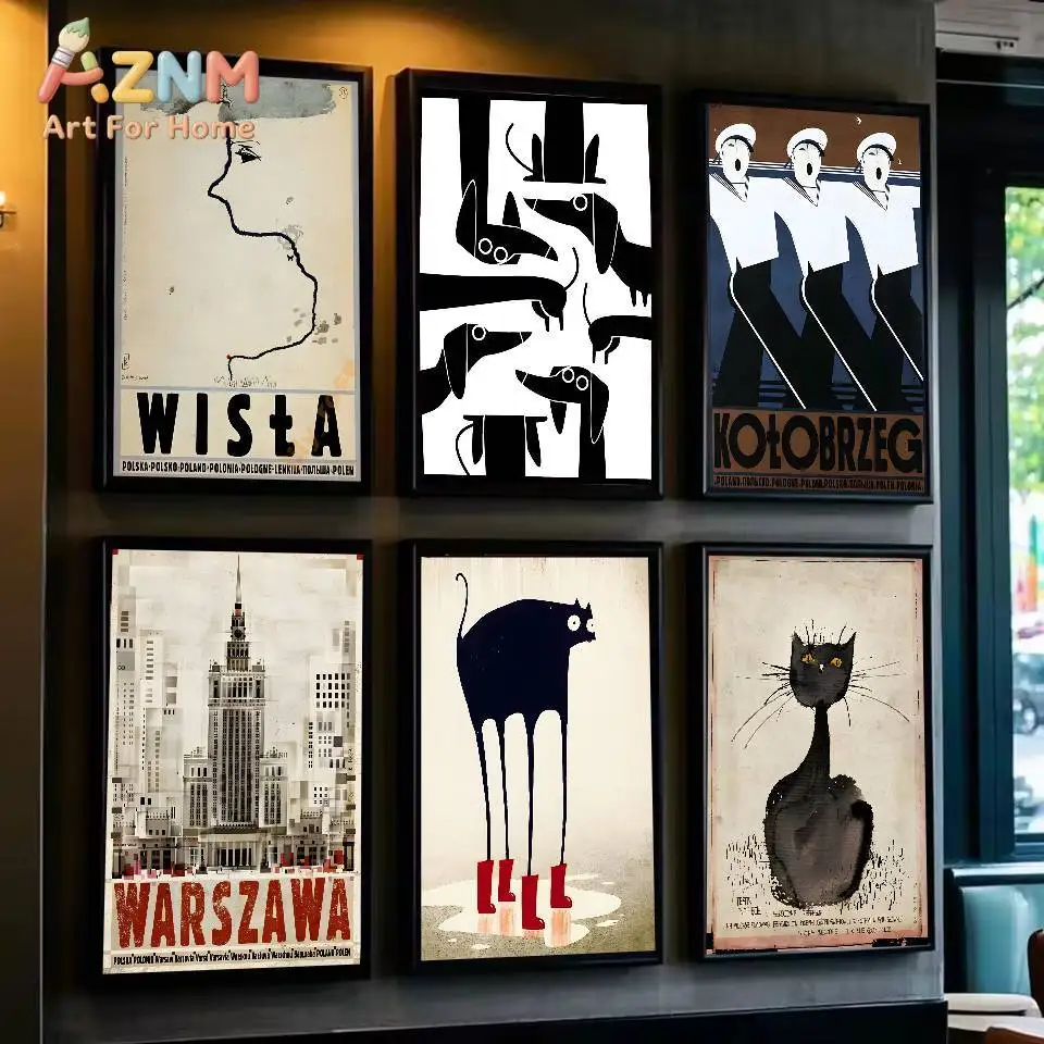 AZNM Retro Poland Travel Canvas Wall Art, Vintage Warsaw Wista Cat Poster Print, Abstract Mid‑Century Gallery Wall Home Decor, U