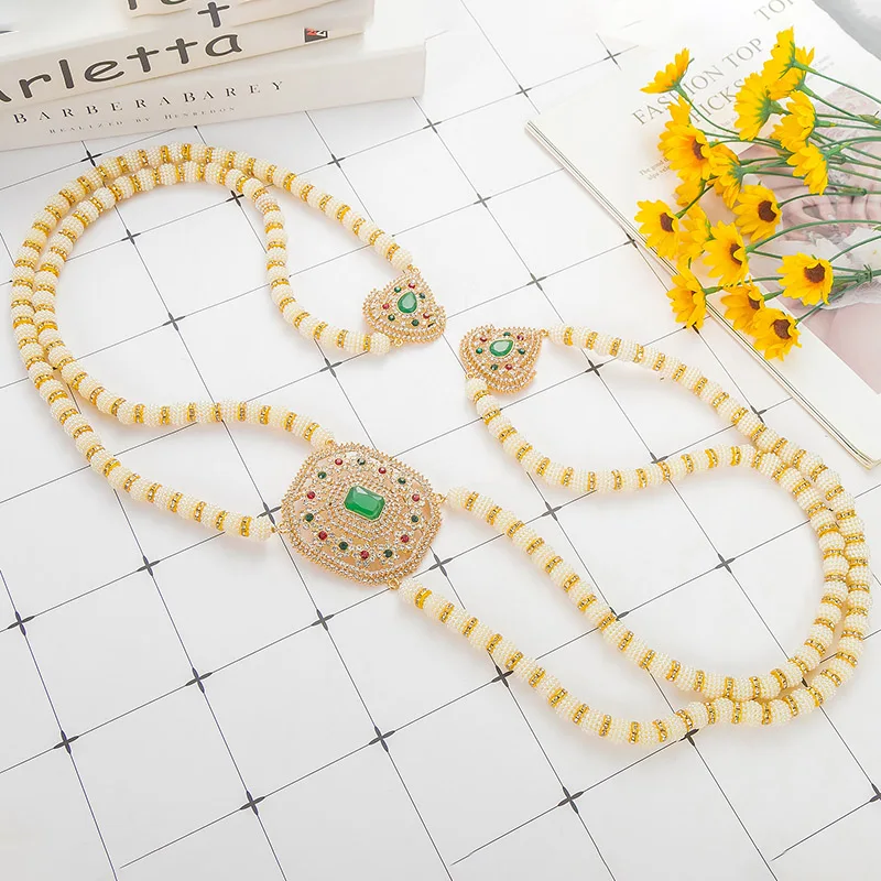 حزام خلفي أنيق مرصع باللؤلؤ والأحجار الكريمة، إكسسوار زفاف رائع لفساتين الزفاف العربية/العرقية والمناسبات التقليدية