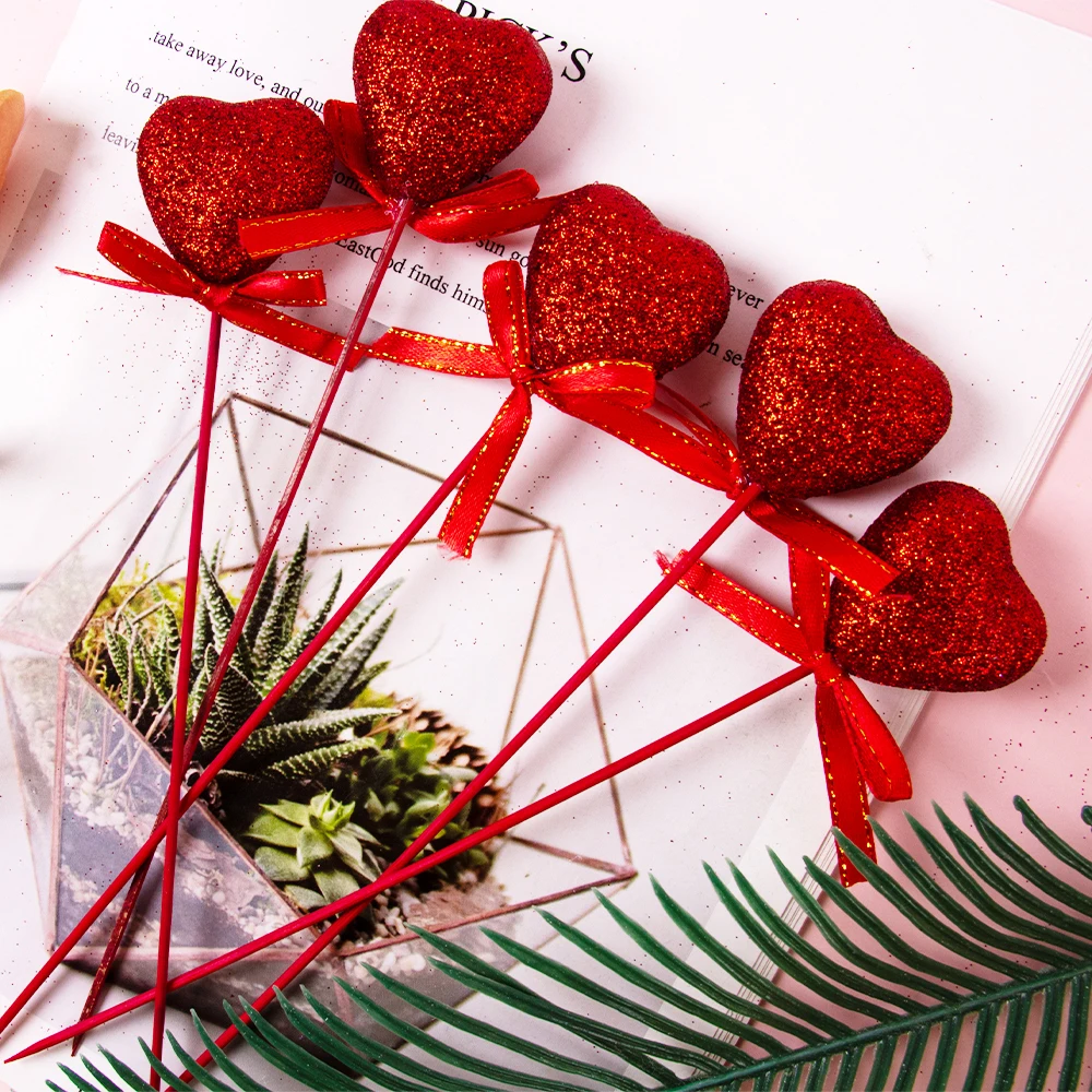 Valentine\'s Day Pink Red Glitter Foam Heart Picks Stick Valentine\'s Day Cake Decor Birthday Party Cake Toppers Wedding Supplies