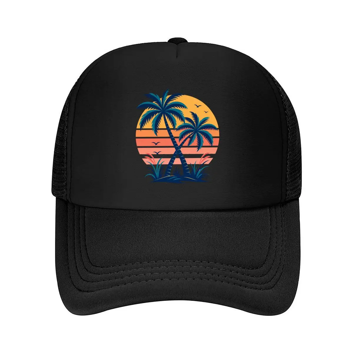 Tropical Sunset Palm Breeze Graphic Mesh Baseball Cap Polyester Forward Observations Hat Adjustable Golf Hat Summer