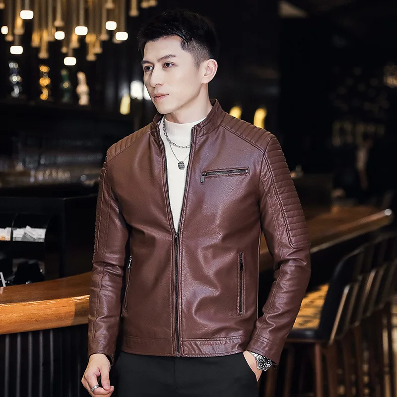 

Men Motorcycle Leather Jacket Male Khaki Leather Jacket Men Locomotive Leather Jacket Cool Handsome Streetwear Leather Overcoat