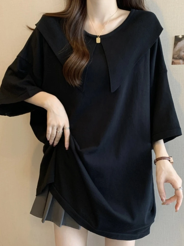 Ice Silk Knitted T-Shirt Women Summer Large Size Flattering Slimming Midi Length Butt Covering Top Doll Collar Short Sleeve