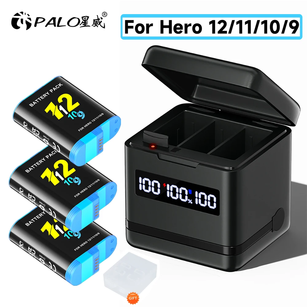 Batterie 2000mAh pour caméra Gopro Hero 9 10 11 12, avec écran LCD, chargeur rapide à 3 emplacements, boîte de rangement pour cartes TF, pour caméras sportives GoPro Hero12 11