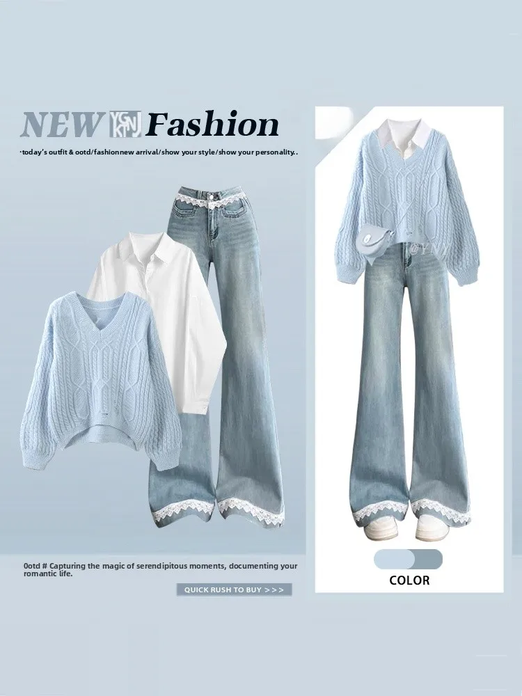 

Winter Knitted Lace Wide Leg Jeans irt Set Women's High Waist Faion Set Long Sve round Ne Basic Color Casual Wear